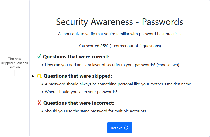 The test summary dialog showing the new skipped questions section