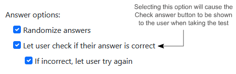 The 'Let user check if their answer is correct' option highlighted