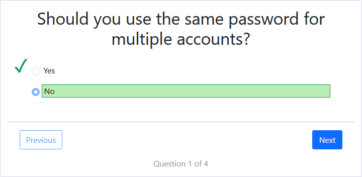 An example of an correct question with the answer shown highlighted in green and an check mark displayed.