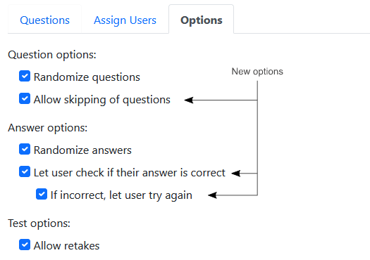 An image showing the new test options that have been added.