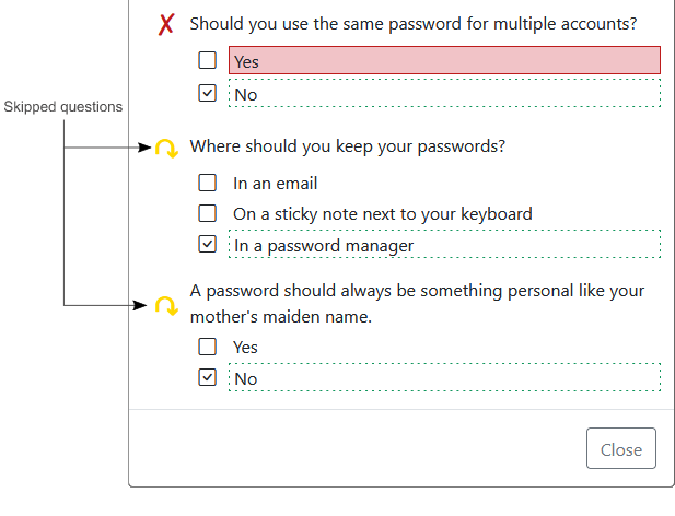 The administrator's view of a test's results with some questions shown as skipped