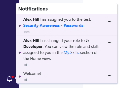 An image of the new notifications menu showing three items: A welcome message when the person was invited into the software, an item indicating that the user's manager assigned them to a specific role, and an item indicating the user's manager assigned them to a test.
