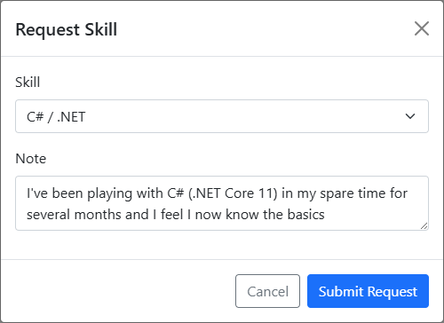 A request skill dialog with a skill dropdown and a textbox for including a note to the manager.