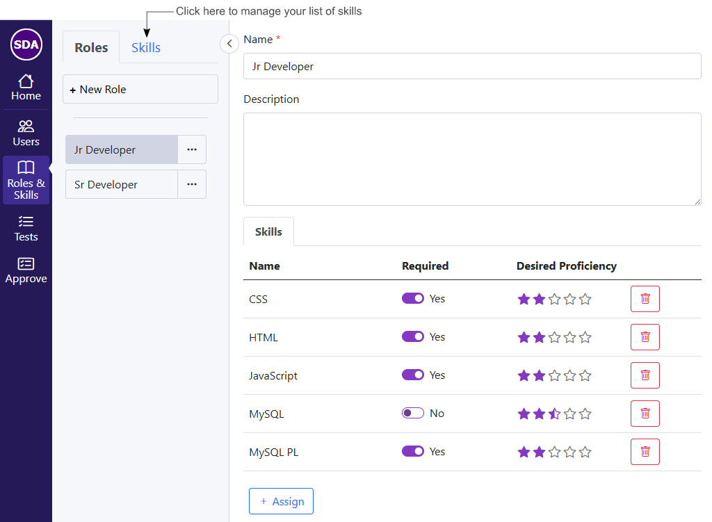 An image of the new roles view showing a Jr Developer role with several technical skills defined like CSS, HTML, and JavaScript.