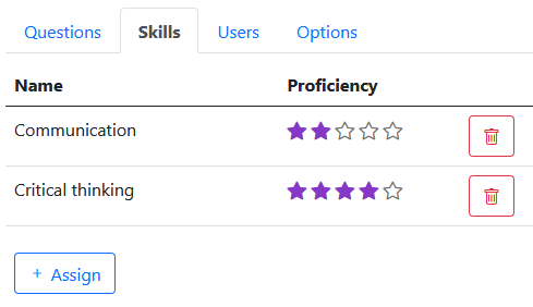 An image showing the new Skills tab in the Tests view with two skills added and their proficiency set.