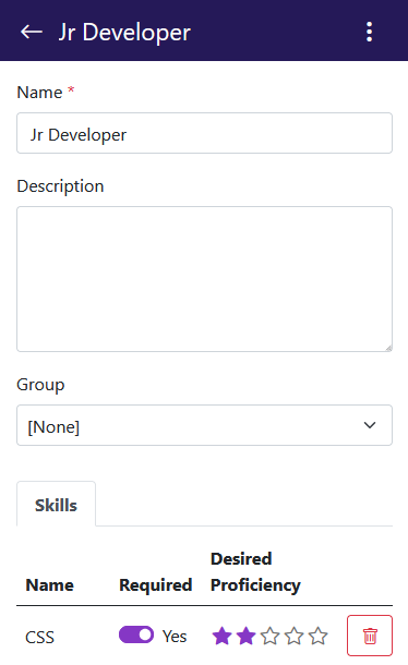 A screenshot of the Roles & Skills details when on mobile.