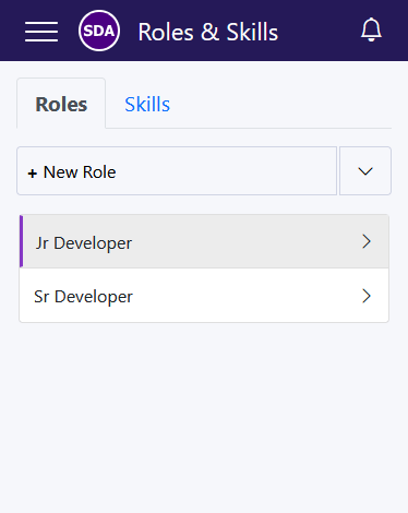 A screenshot of the Roles & Skills view with the side panel shown full screen as a list view.