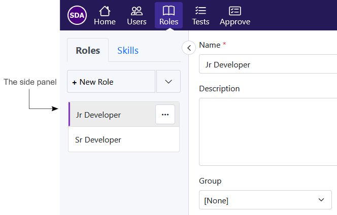 The Roles & Skills view with the side panel identified.