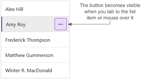 An image showing the context menu button that becomes visible when the list item gets the focus or when the mouse moves over it.