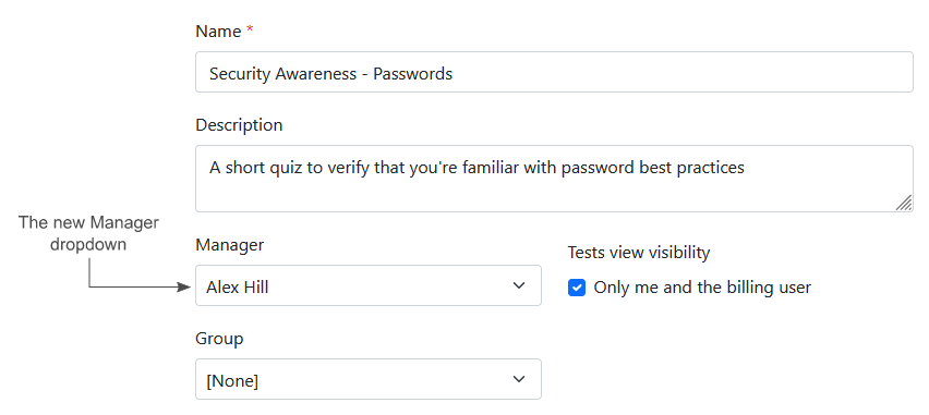 A screen shot of the Tests view pointing out the new Manager dropdown.