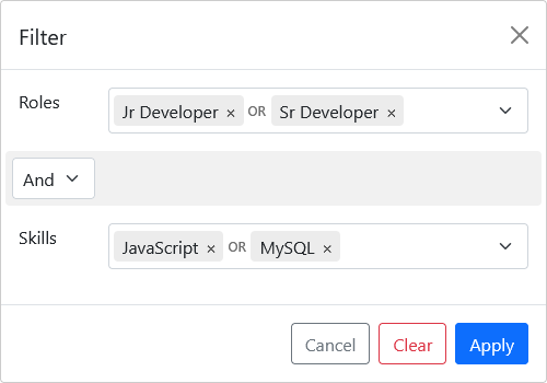 The new User Filter dialog showing two roles and two skills selected with an AND join between the roles and skills selections.