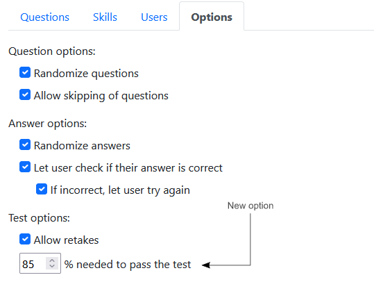The new option to set a percentage to pass the test.