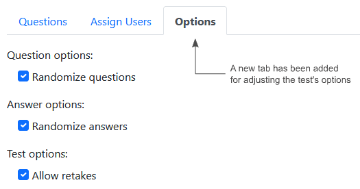 An image of the new Options tab in the Tests view.