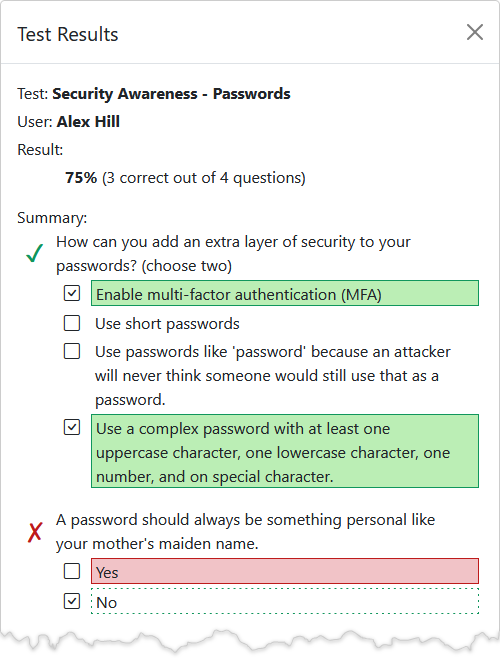 An example of a test's results showing one question that the employee got correct and one that they got wrong.